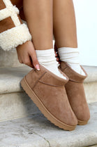 CAMEL FAUX SUEDE ULTRA MINI COZY SNOW ANKLE BOOTS