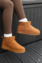 CHESTNUT FAUX SUEDE ULTRA MINI COZY SNOW ANKLE BOOTS