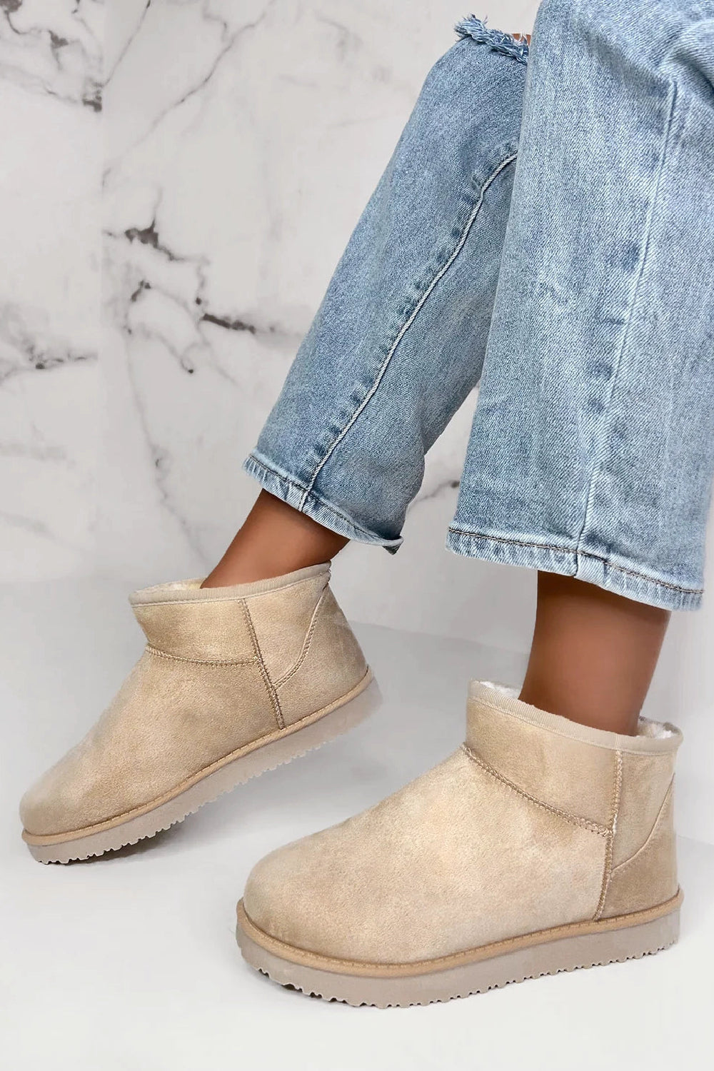 BEIGE FAUX SUEDE ULTRA MINI COZY SNOW ANKLE BOOTS