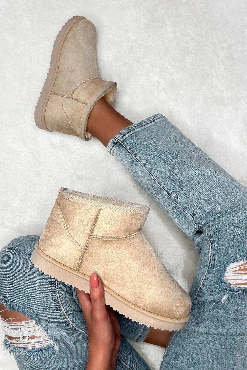 BEIGE FAUX SUEDE ULTRA MINI COZY SNOW ANKLE BOOTS