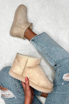 BEIGE FAUX SUEDE ULTRA MINI COZY SNOW ANKLE BOOTS