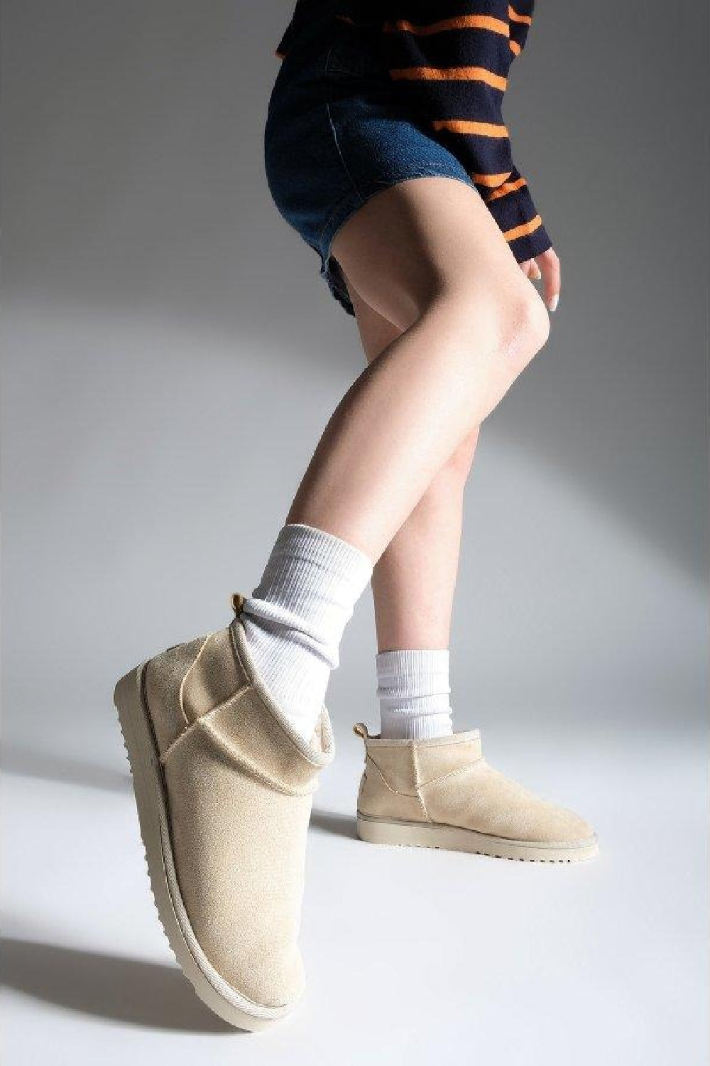 BEIGE FAUX SUEDE ULTRA MINI COZY SNOW ANKLE BOOTS