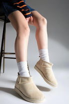 BEIGE FAUX SUEDE ULTRA MINI COZY SNOW ANKLE BOOTS