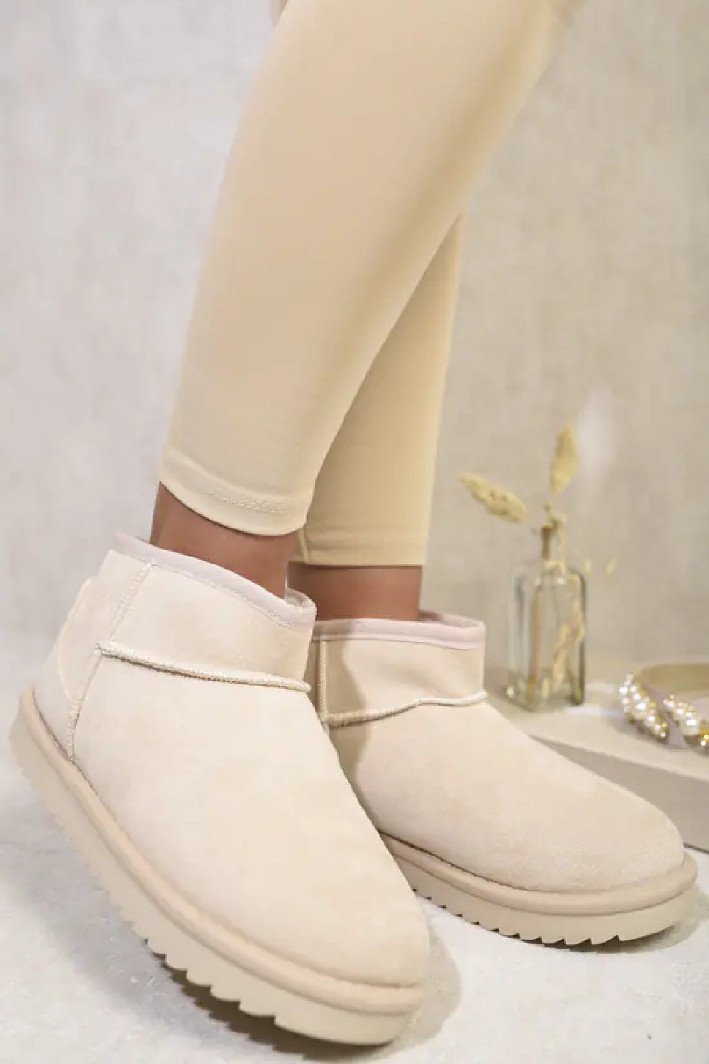 BEIGE FAUX SUEDE ULTRA MINI COZY SNOW ANKLE BOOTS