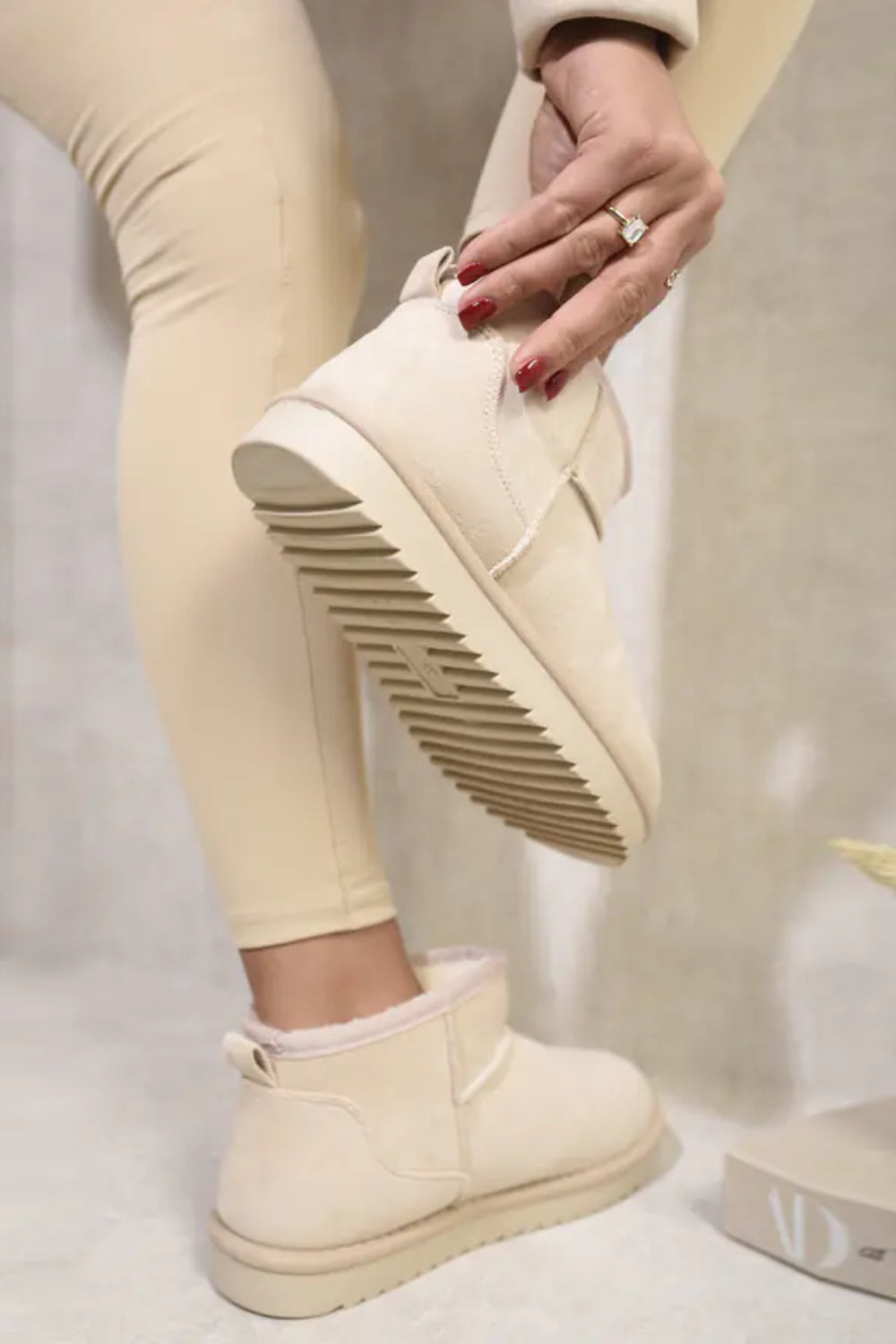 BEIGE FAUX SUEDE ULTRA MINI COZY SNOW ANKLE BOOTS