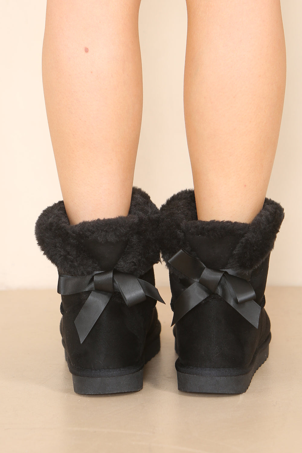 Black Fur Lined Flat Bow Ankle Boots Women Snow Snug Winter Warm Mid Calf Shoes