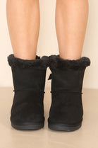 Black Fur Lined Flat Bow Ankle Boots Women Snow Snug Winter Warm Mid Calf Shoes