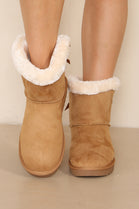 Chestnut Fur Lined Flat Bow Ankle Boots Women Snow Snug Winter Warm Mid Calf Shoes