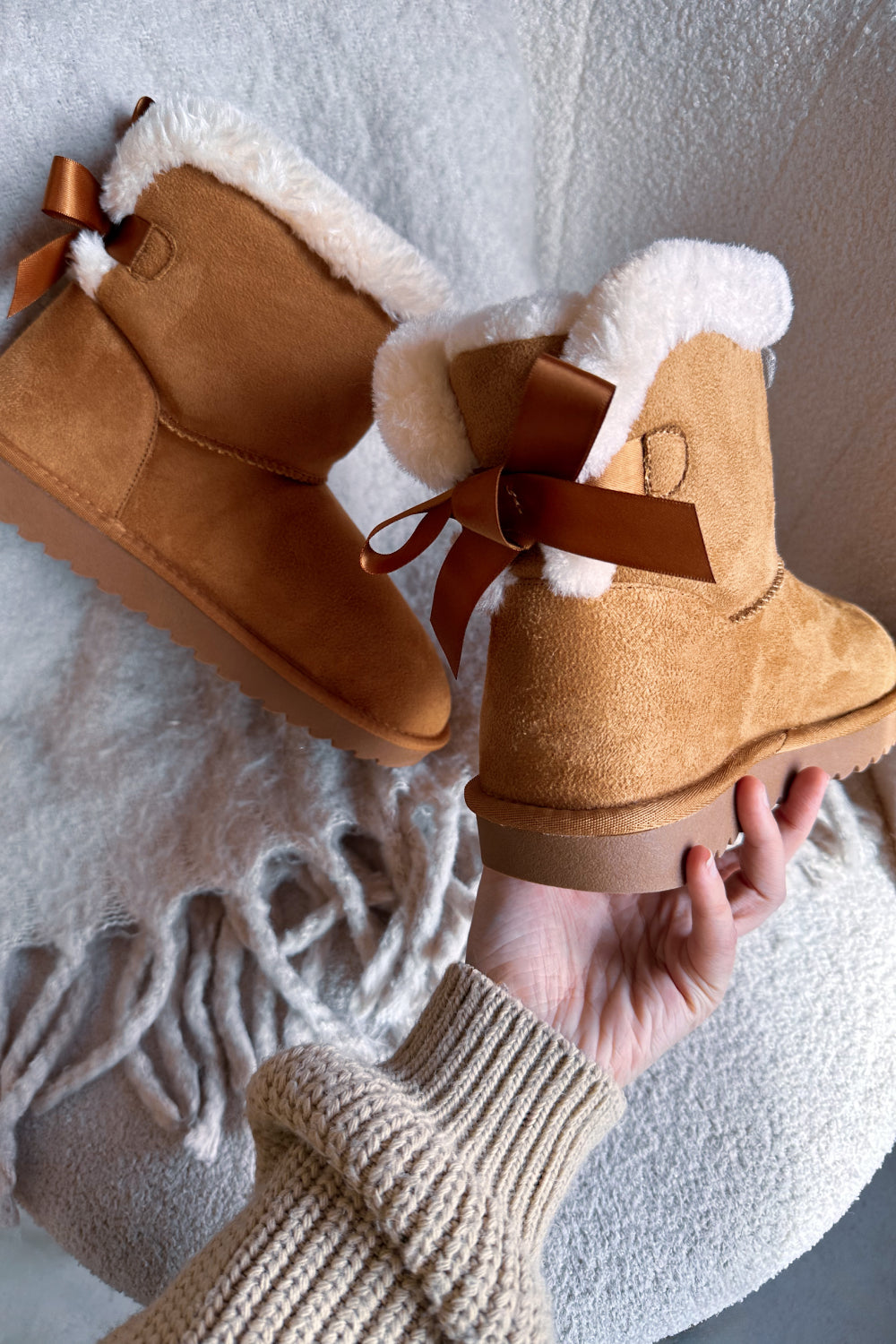 Chestnut Fur Lined Flat Bow Ankle Boots Women Snow Snug Winter Warm Mid Calf Shoes