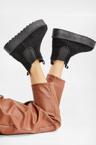 Black Fluffy Platform Sole Chelsea Faux Fur Lined Ankle Boots