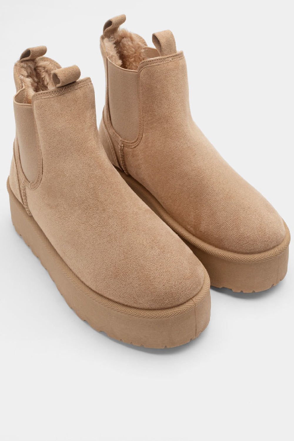 Camel Fluffy Platform Sole Chelsea Faux Fur Lined Ankle Boots