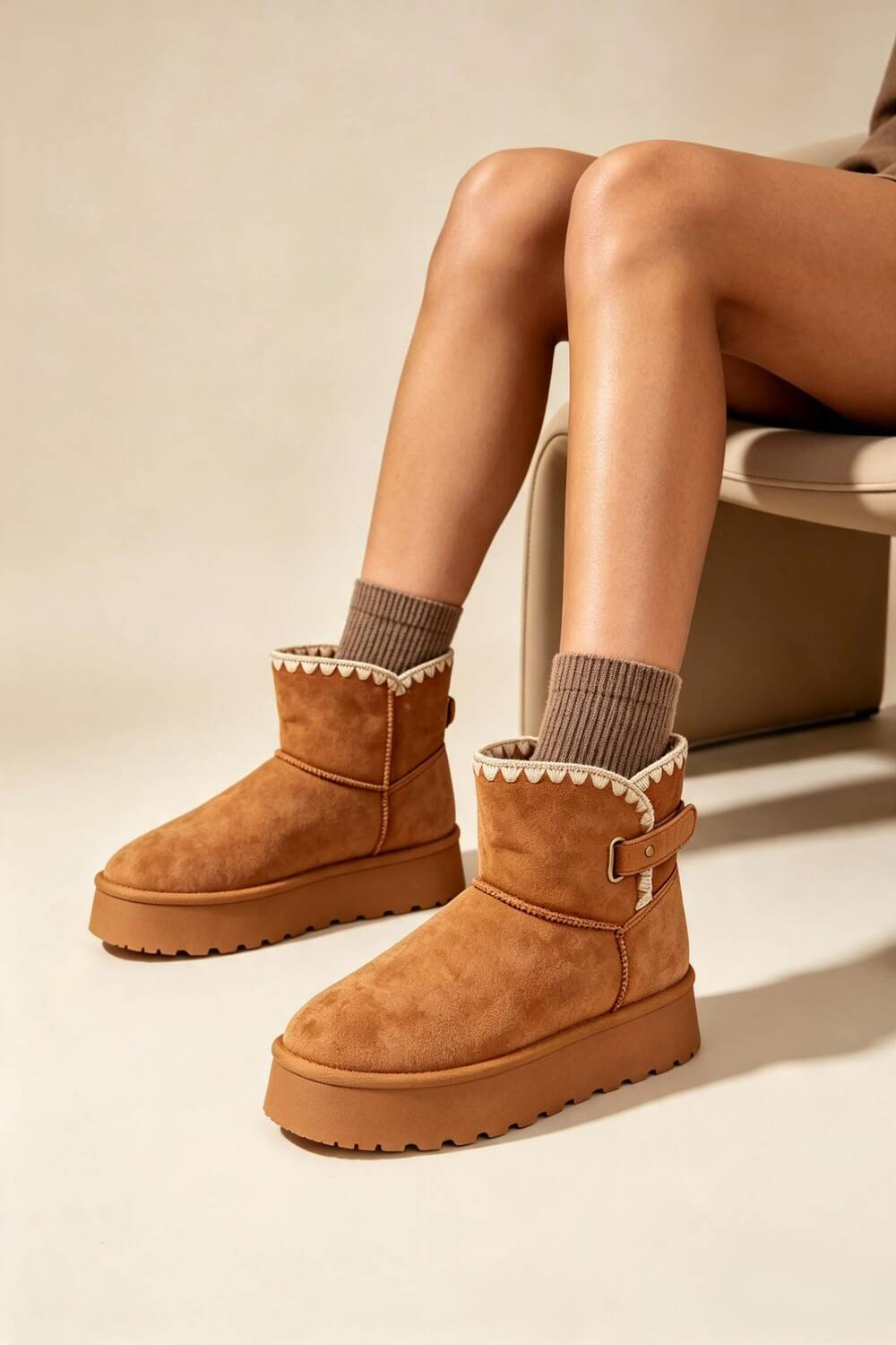 Chestnut Suede Faux Fur Lined Platform Ankle Boots