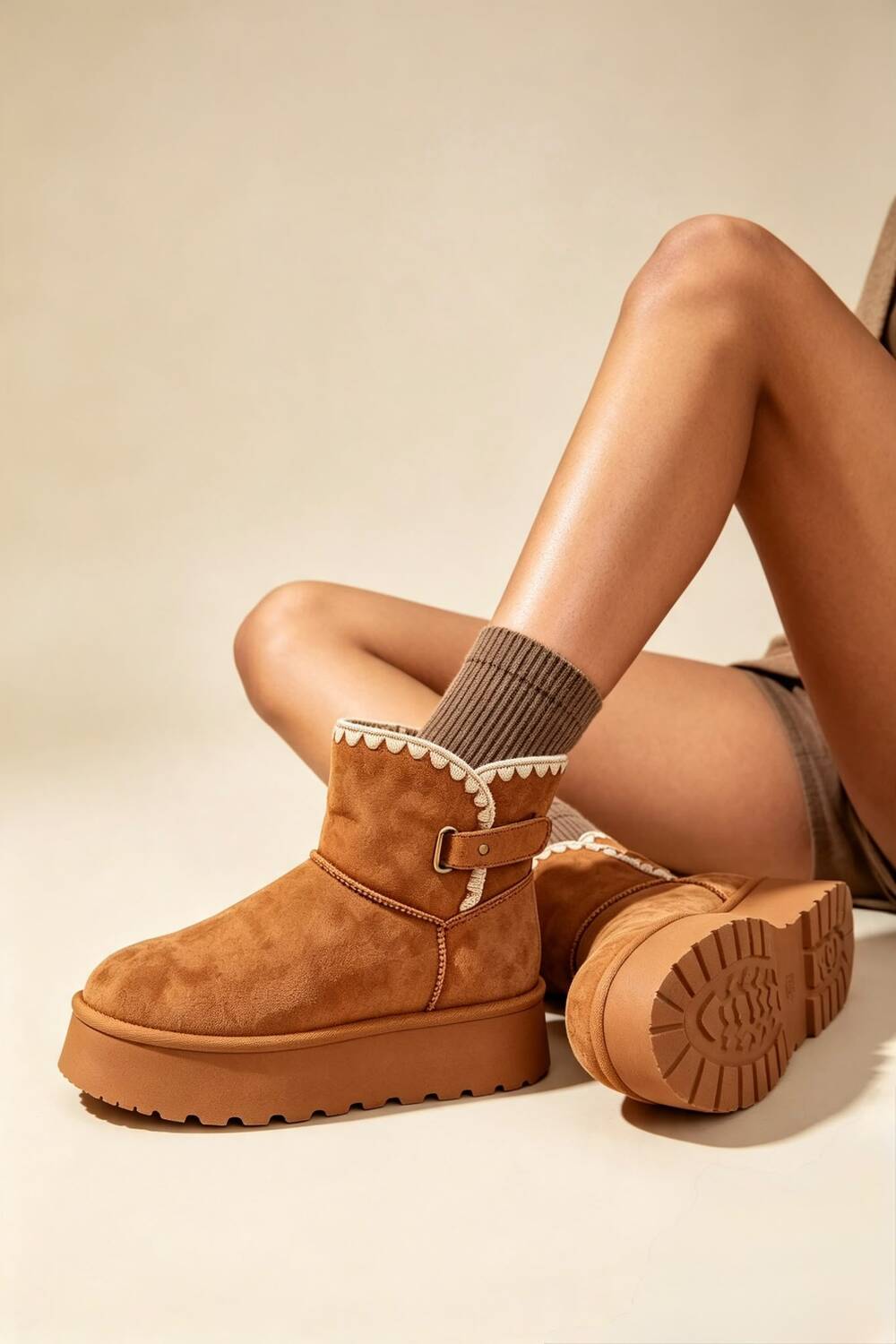 Chestnut Suede Faux Fur Lined Platform Ankle Boots