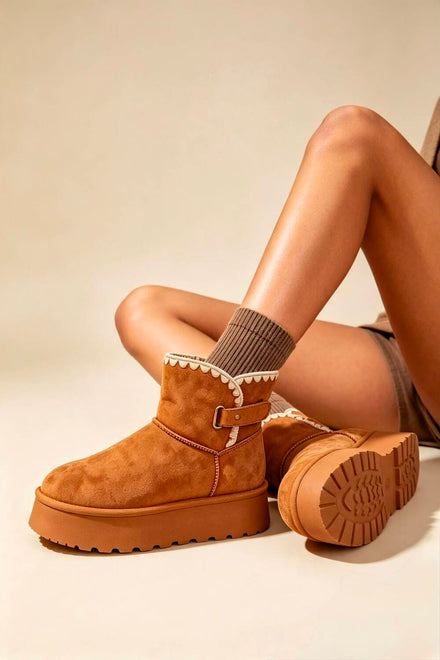 Chestnut Suede Faux Fur Lined Platform Ankle Boots