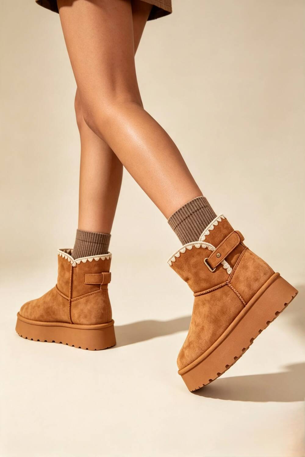 Chestnut Suede Faux Fur Lined Platform Ankle Boots