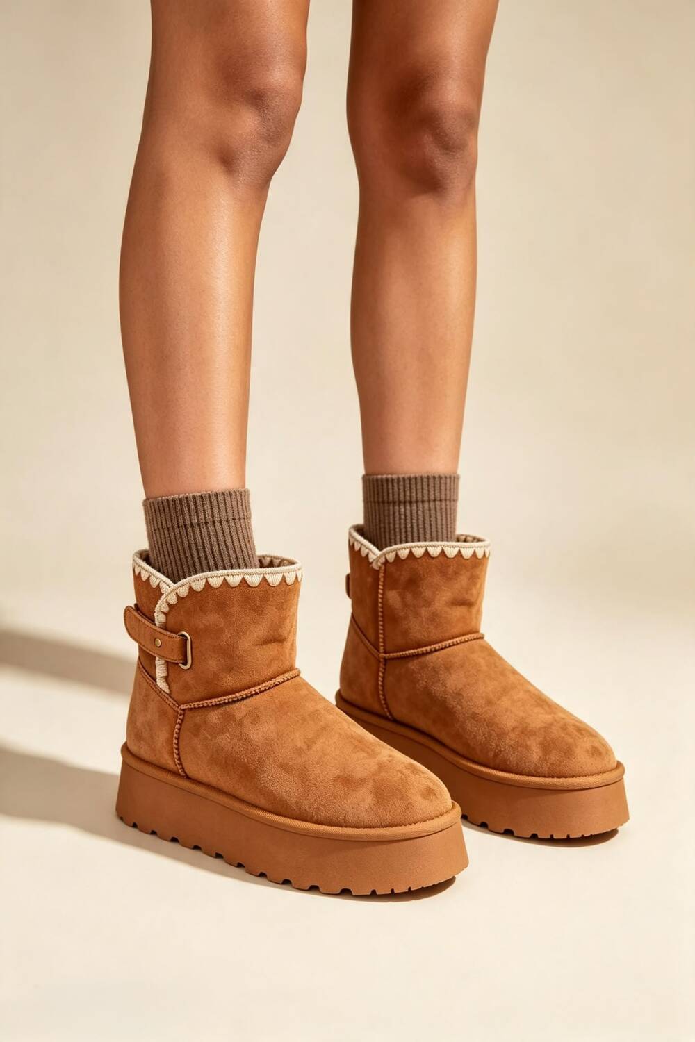 Chestnut Suede Faux Fur Lined Platform Ankle Boots