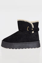 BLACK THICK SOLED SLIP ON FUR LINED ANKLE BOOTS