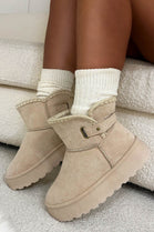 BEIGE THICK SOLED SLIP ON FUR LINED ANKLE BOOTS