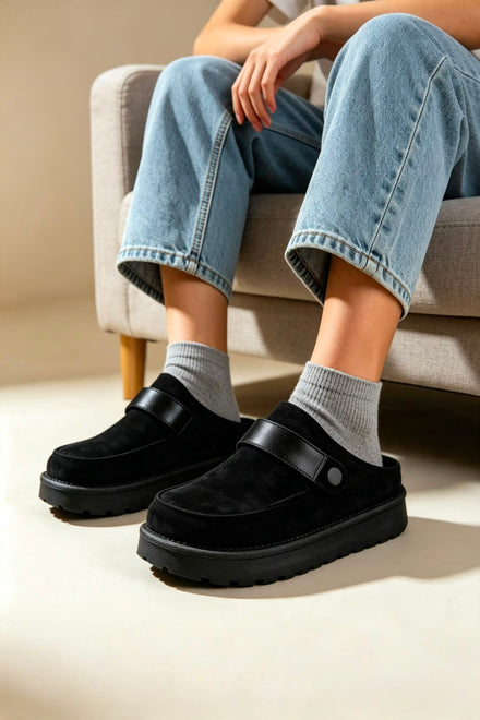 Women's Black Fleece-Lined Clog Slippers with Adjustable Strap