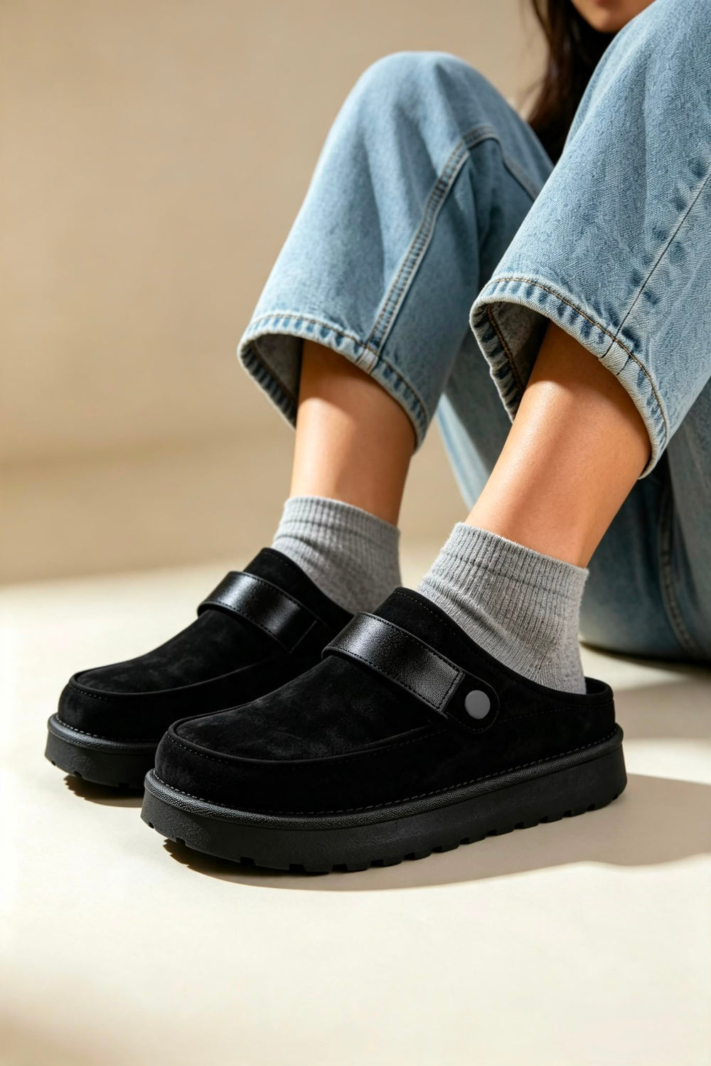 Women's Black Fleece-Lined Clog Slippers with Adjustable Strap