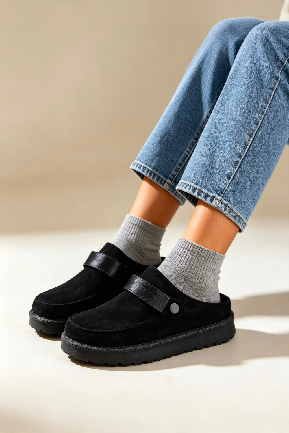 Women's Black Fleece-Lined Clog Slippers with Adjustable Strap