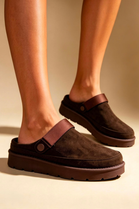 Women's Brown Fleece-Lined Clog Slippers with Adjustable Strap
