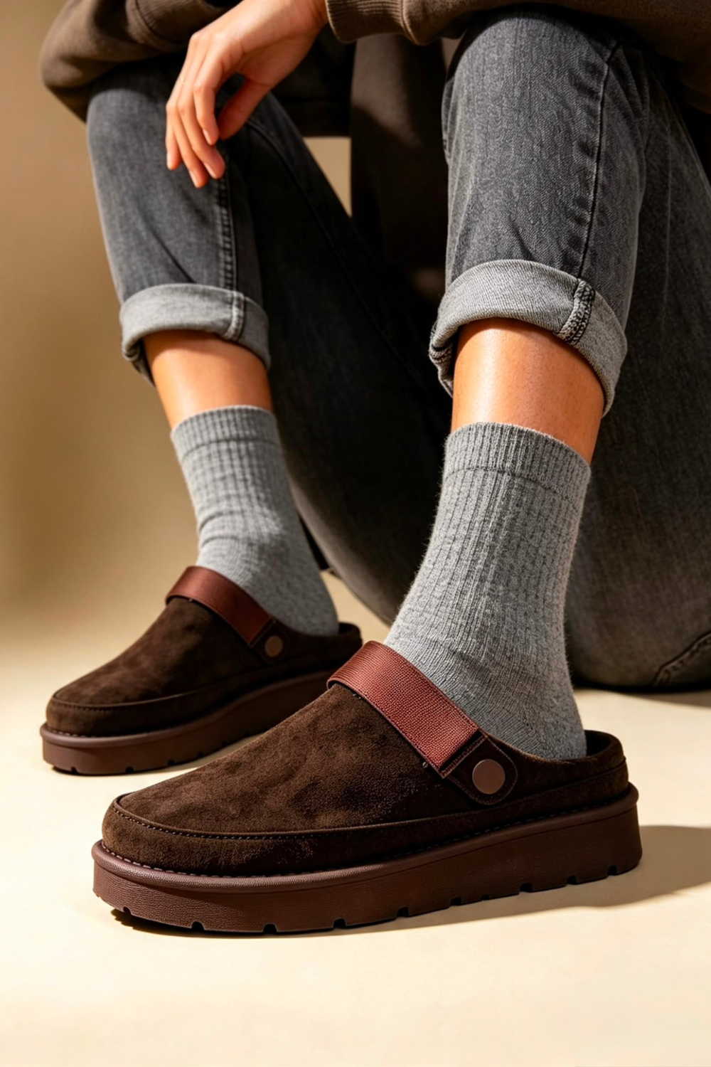 Women's Brown Fleece-Lined Clog Slippers with Adjustable Strap