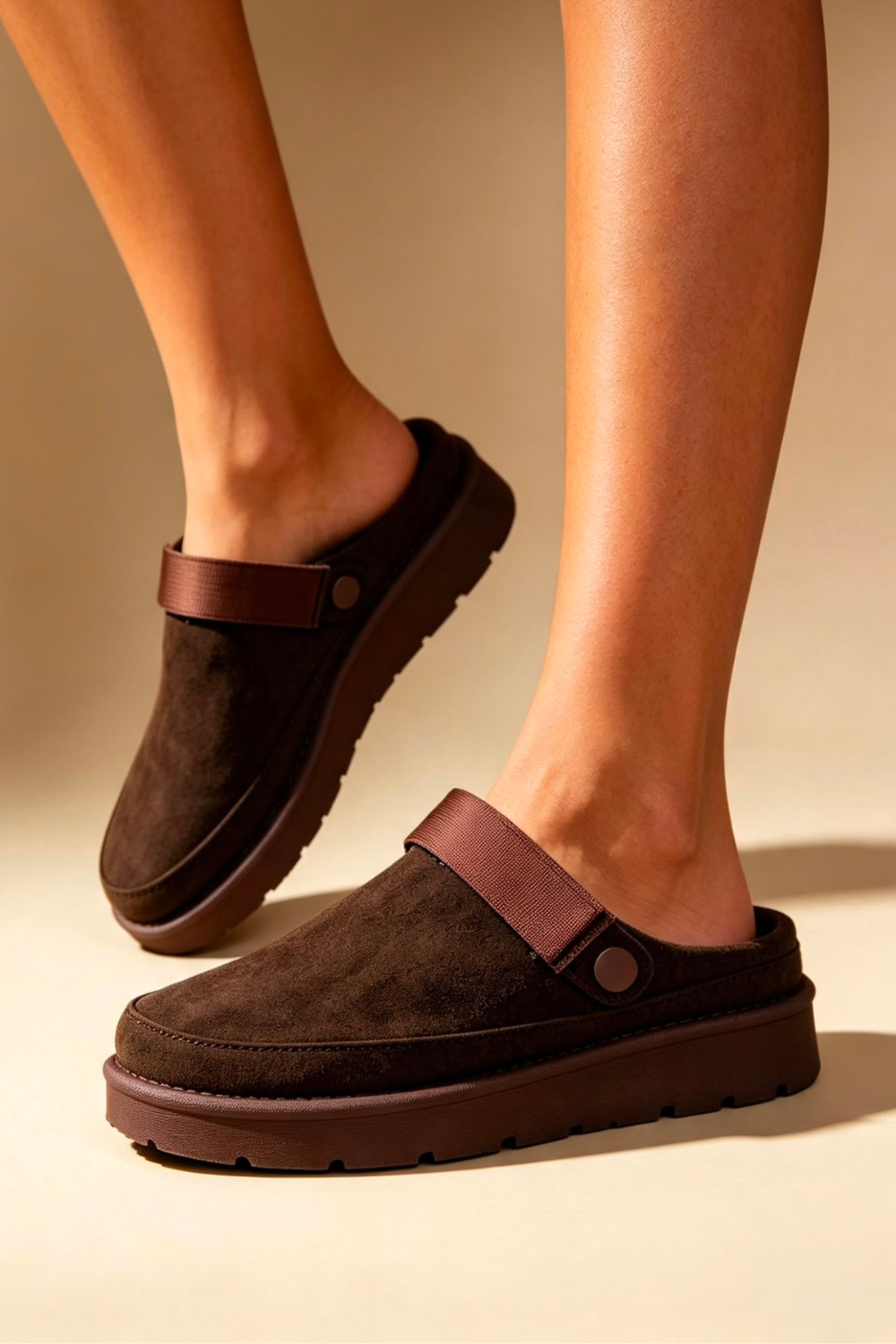 Women's Brown Fleece-Lined Clog Slippers with Adjustable Strap