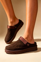 Women's Brown Fleece-Lined Clog Slippers with Adjustable Strap