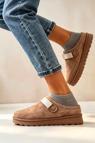 Women's Khaki Fleece-Lined Clog Slippers with Adjustable Strap
