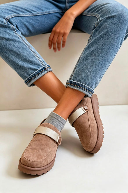 Women's Khaki Fleece-Lined Clog Slippers with Adjustable Strap