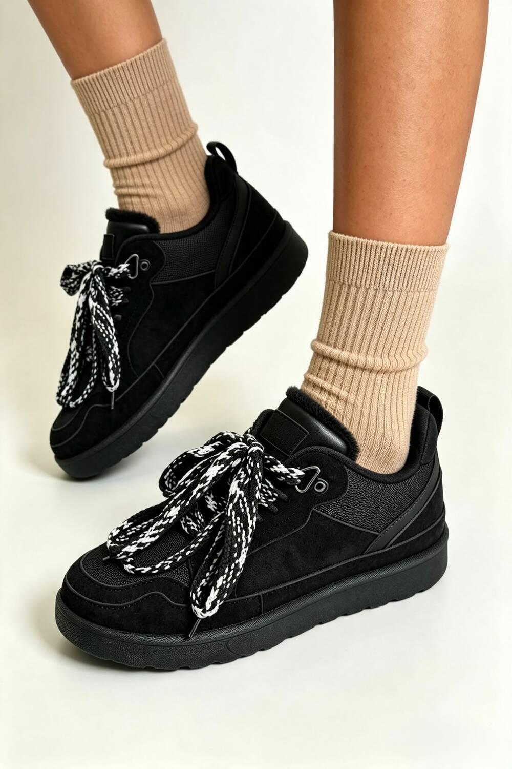 Black Suede Faux Fur Lined Lace-up Low Top Trainers