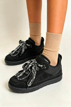 Black Suede Faux Fur Lined Lace-up Low Top Trainers