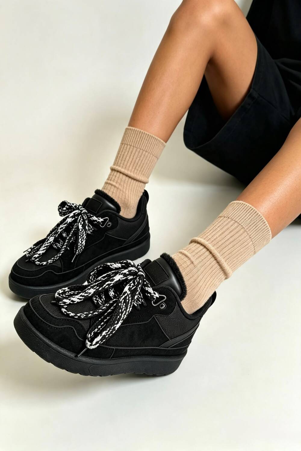 Black Suede Faux Fur Lined Lace-up Low Top Trainers