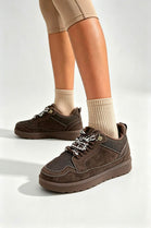 Dark Brown Suede Faux Fur Lined Lace-up Low Top Trainers