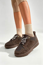 Dark Brown Suede Faux Fur Lined Lace-up Low Top Trainers