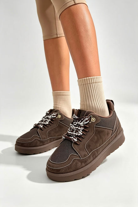 Dark Brown Suede Faux Fur Lined Lace-up Low Top Trainers