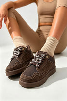 Dark Brown Suede Faux Fur Lined Lace-up Low Top Trainers
