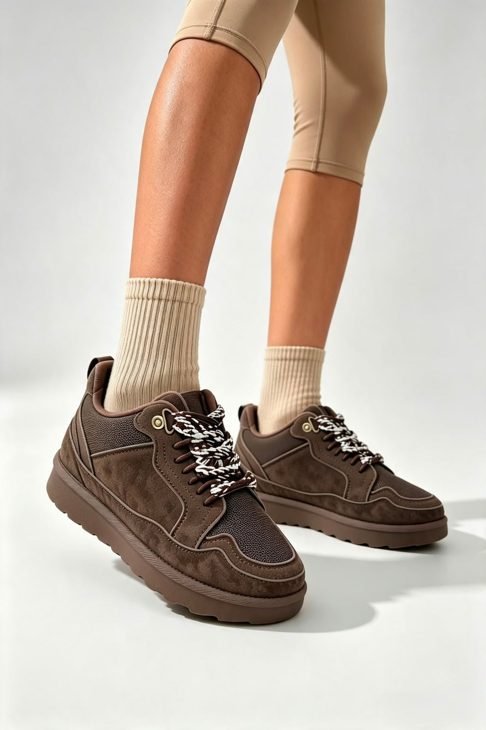 Dark Brown Suede Faux Fur Lined Lace-up Low Top Trainers