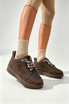 Dark Brown Suede Faux Fur Lined Lace-up Low Top Trainers