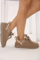 Camel Designer Fur Lined Lace Up Trainers