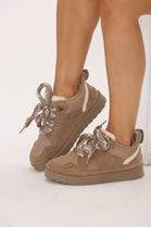 Camel Designer Fur Lined Lace Up Trainers