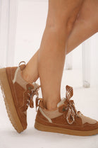 Chestnut Designer Fur Lined Lace Up Trainers