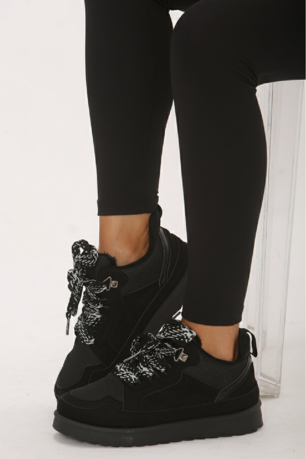 Black Designer Fur Lined Lace Up Trainers