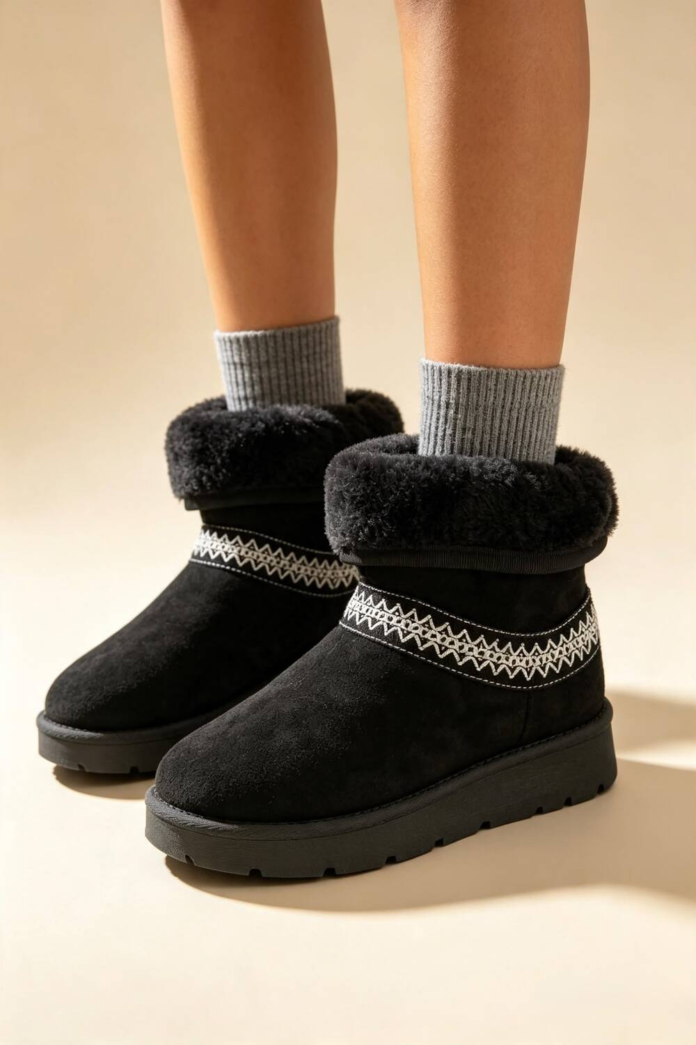 Black Suede Faux Fur Lined Aztec Detail Ankle Boots