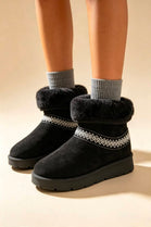 Black Suede Faux Fur Lined Aztec Detail Ankle Boots