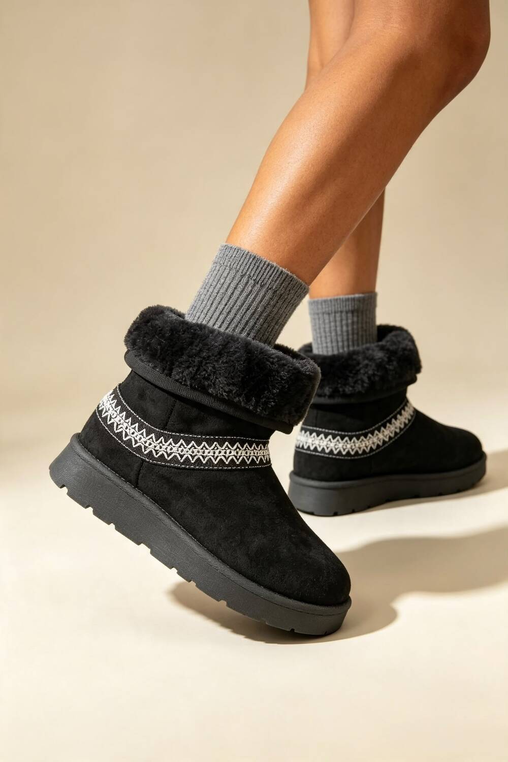 Black Suede Faux Fur Lined Aztec Detail Ankle Boots