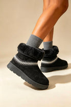 Black Suede Faux Fur Lined Aztec Detail Ankle Boots