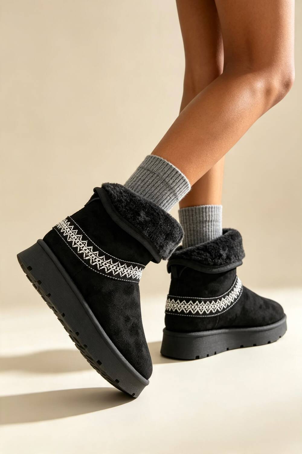 Black Suede Faux Fur Lined Aztec Detail Ankle Boots