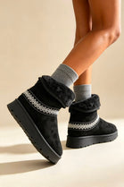 Black Suede Faux Fur Lined Aztec Detail Ankle Boots